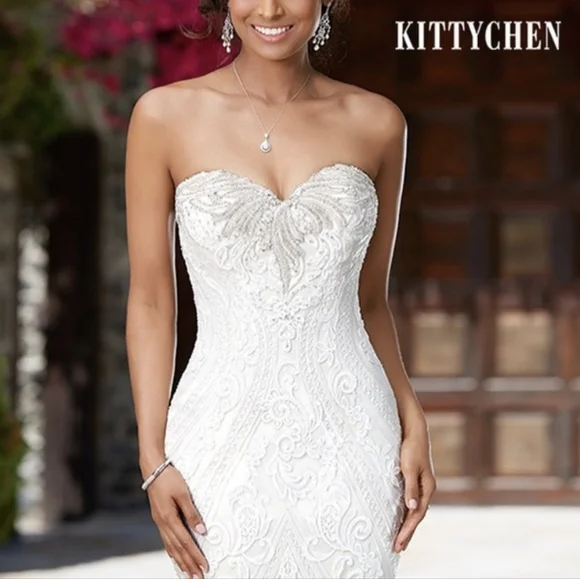 kitty chen | Dresses | Kitty Chen Lola Ivory Embellished Lace Fit Flare  Sweetheart Wedding Dress Sz2 | Poshmark